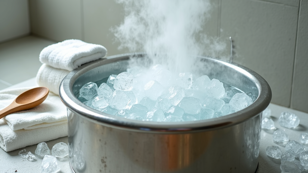 A collection of spa-like items next to a cold metal ice bath, with frosty water and mist for an invigorating vibe.