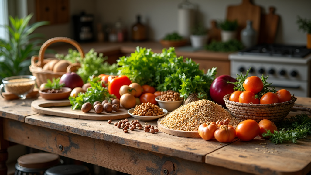 A rustic kitchen table covered in fresh vegetables, nuts, and old-fashioned whole grains