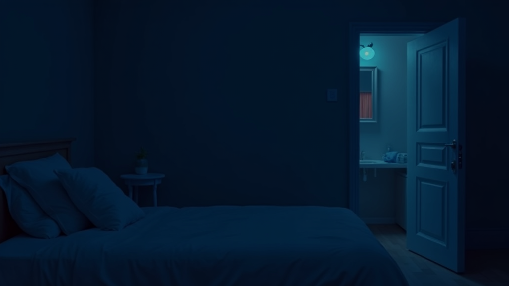 An illustration of a peaceful bedroom at night showing a digital clock, a glass of water, and a discreet bathroom door glowing softly in the background.