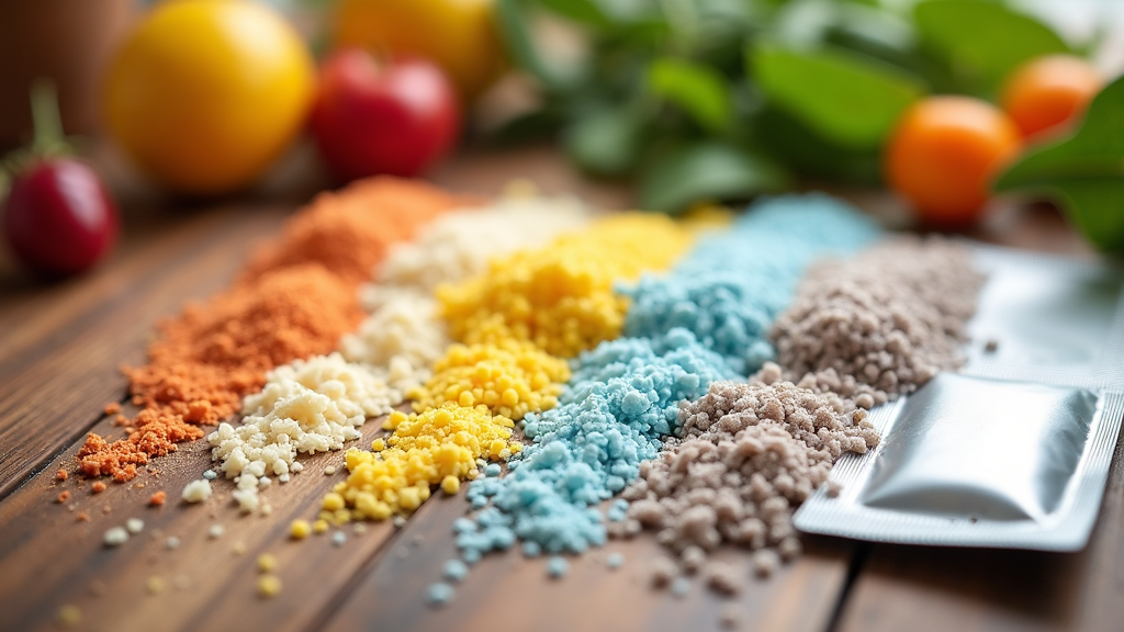 Artificial sweeteners spilled on a wooden table next to a cup of black coffee and various food packages