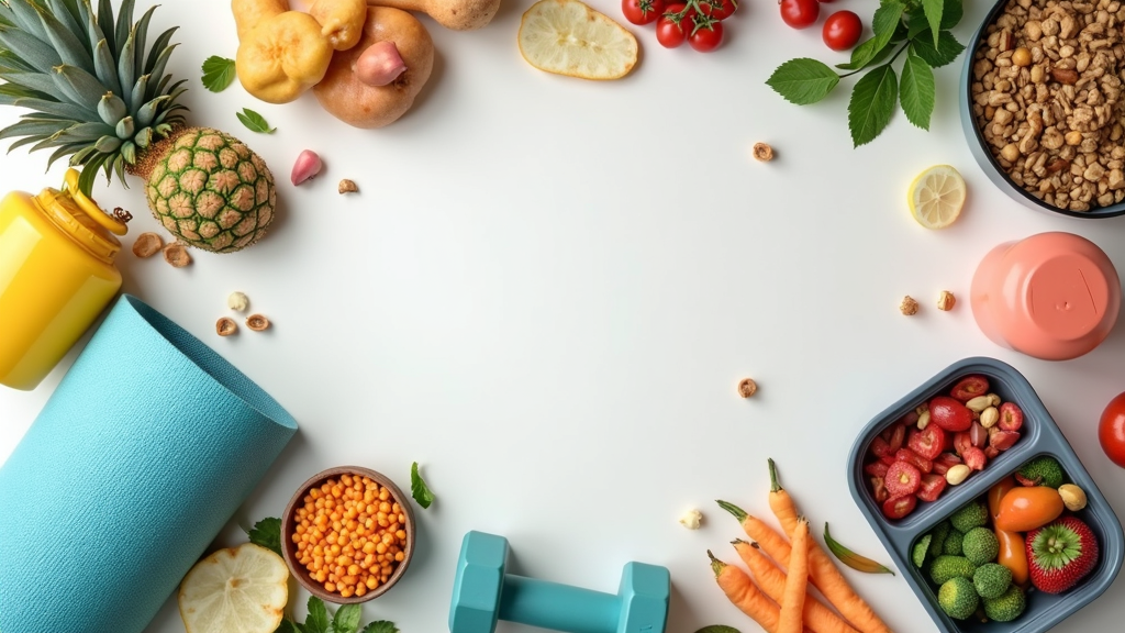 Assorted healthy foods, fitness gear, water bottle, and a notebook on a plain background