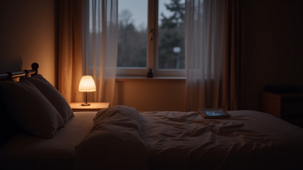 A calm, softly-lit bedroom with warm light, digital devices emitting a soft blue glow on a nightstand, and a closed window with curtains drawn.