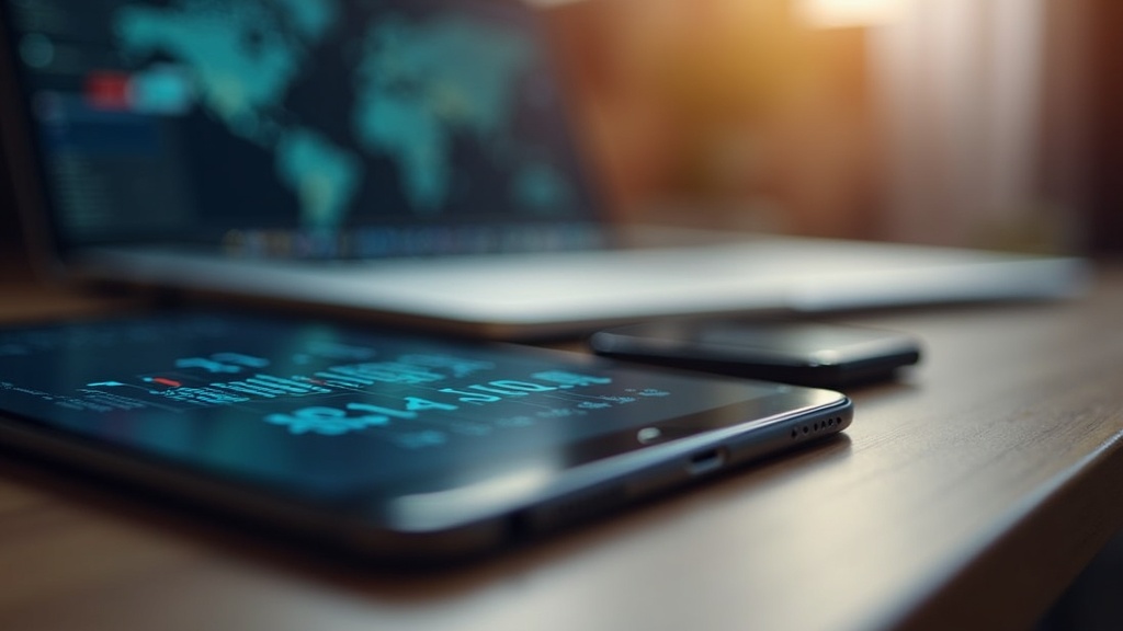 A close-up of a digital tablet, smartphone, and laptop on a wooden desk with a soft glow, showing the concept of digital screen time in a modern lifestyle.