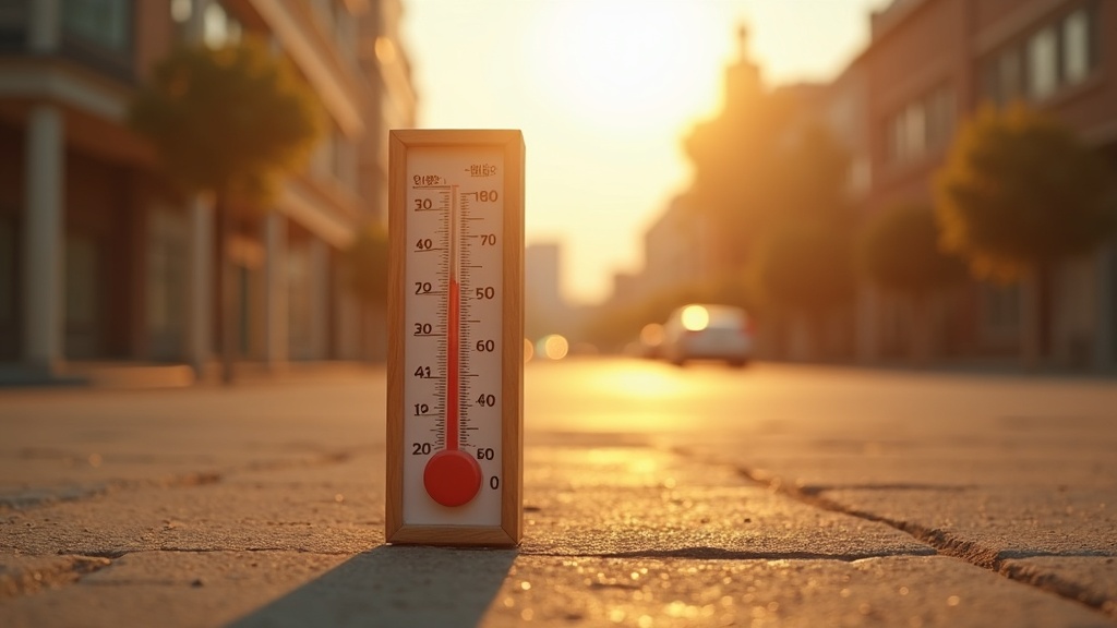A thermometer rising in a sunbaked urban landscape with heat shimmering off concrete surfaces.