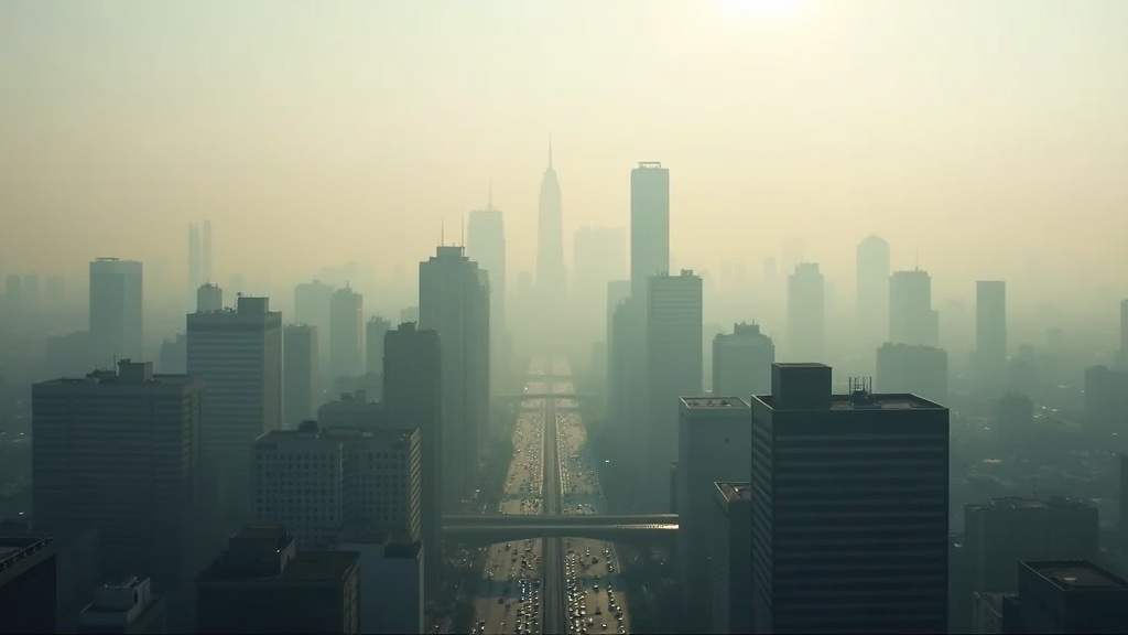 Cityscape covered in smog with traffic and hazy sky.