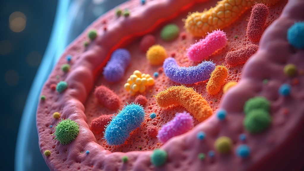Visualization of diverse gut microbes with a subtle background of male health icons